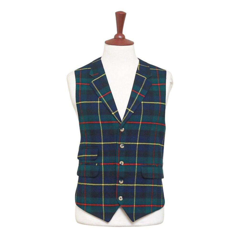 Mens Vest 44R Tartan Plaid Wool Blue Green Yellow Lapel Waistcoat Formal Wedding - Picture 1 of 9